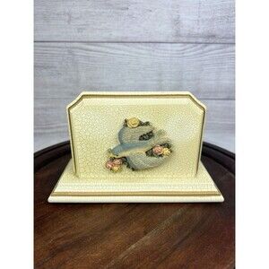 Vintage Crackle Letter Holder Blue Bird & Pink Roses Cottagecore Farmhouse Decor